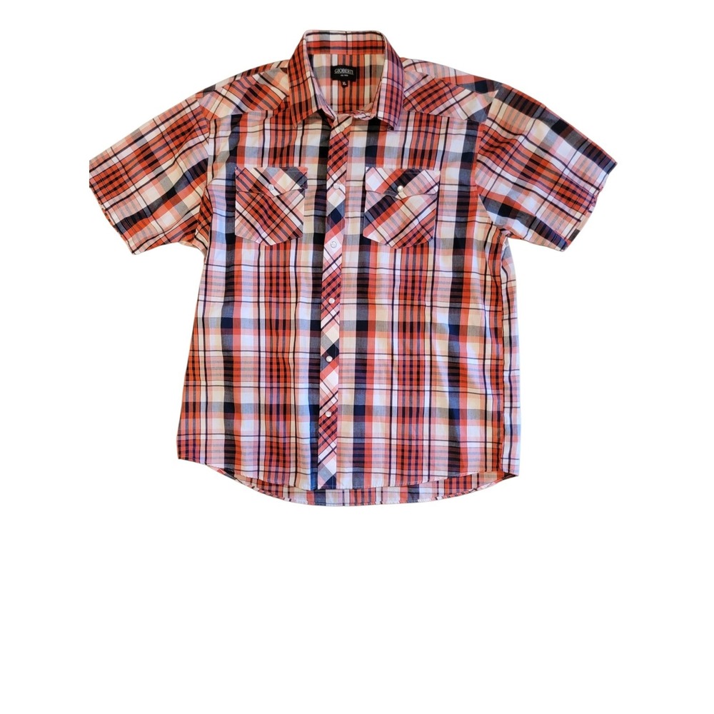 Gioberti Western Pearl Snap Shirt Mens XL Orange Plaid Short Sleeve Excellent